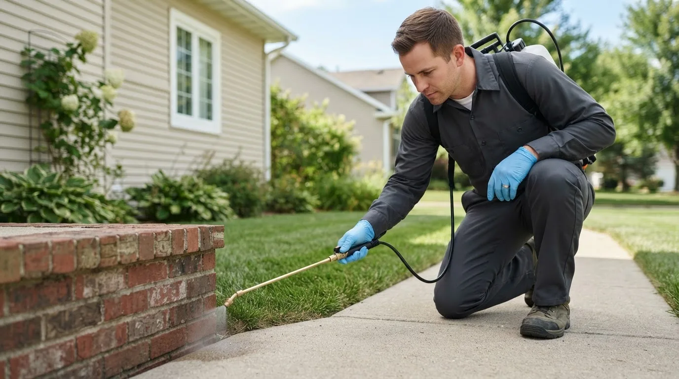 Pest control technician treating a home near Vienna, ME